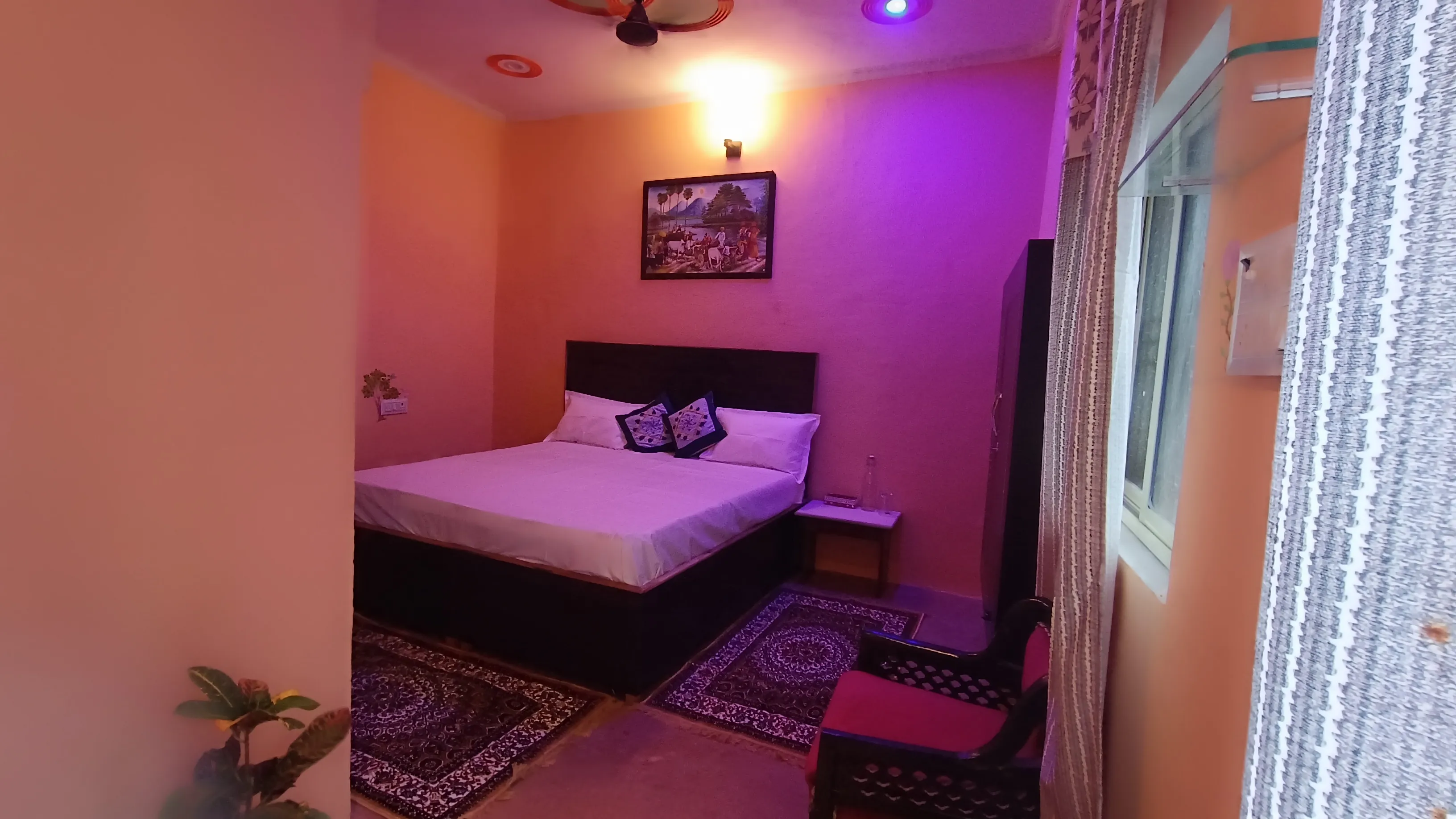 The double bed and window in the standard room.